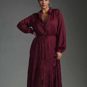 Anthropologie Deep Red Button Front Long Sleeve Tiered Maxi Dress Medium